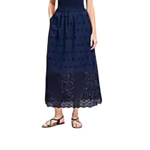 Loft Eyelet Midi Skirt Navy Blue Size Medium Petite Scalloped Hem Pockets